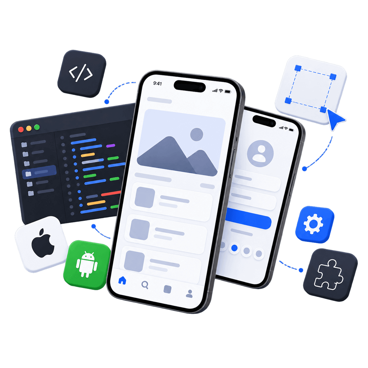 Mobile app screens alongside a code editor